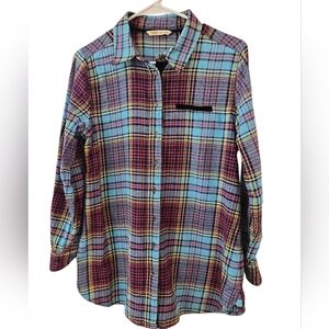 SOFT SURROUNDINGS HIGHLANDS PLAID FLANNEL BUTTON-UP WITH VELVET TRIM. NO SZ TAG.